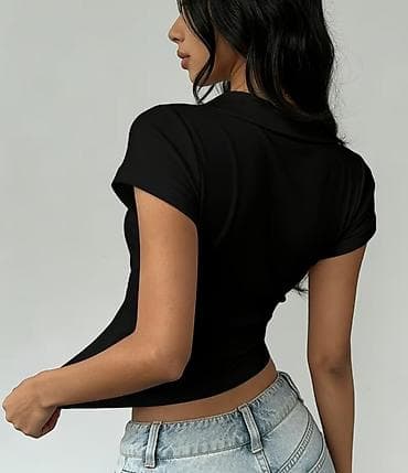 Поло: Qara qadın polo crop köynək - Rəng: qara - Üslub: qısa, bədənə oturan — 2