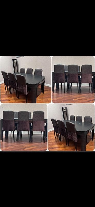 balkon stul: Açılan masa + 8 stul dəsti - Masa: tünd rəngdə, oval künclü, açılıb — 1