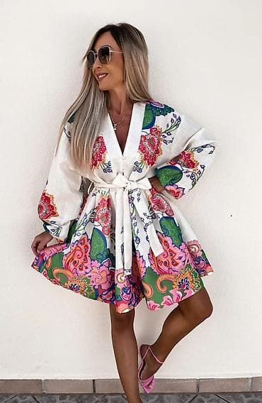 kətan saroçka: Rəngarəng naxışlı qısa don - Üslub: A-kəsim, beldən yığılan, ətəyi — 2