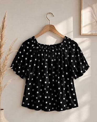 https smart ady az: Qara-ağ “polka dot” naxışlı qadın bluzası - Model: elastik büzgülü — 2