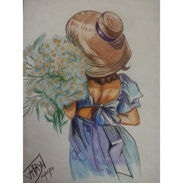 ручная швейна машина: "Çobanyastığılarla qız" karandaş, kağız Ölçü : A4 çərçivə ilə — 1