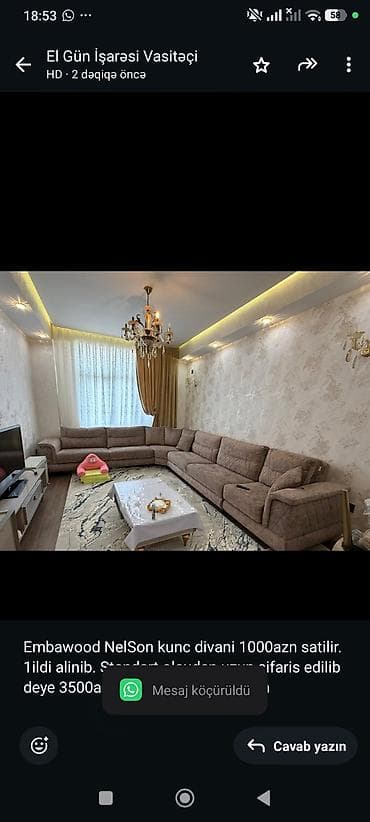 Divanlar: Embawood NelSon kunc divani 1000azn satilir. 1ildi alinib. Standart — 1