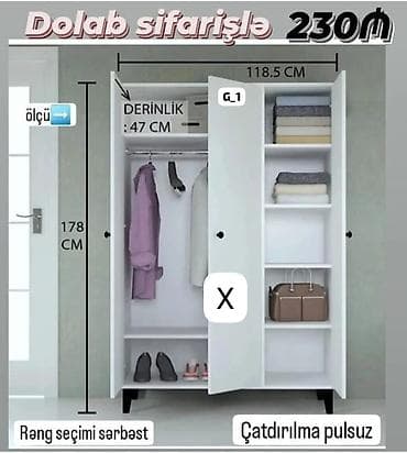 Düz dolab, Yataq otağı üçün, Paltar üçün, Açılan, Korpuslu, 3 qapılı
