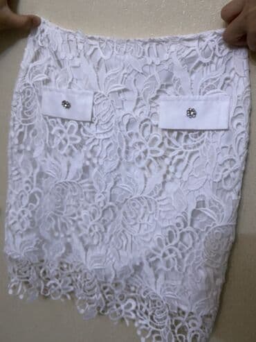 midi qadın ətəkləri: Ağ rəngli, dantel fakturalı qadın ətəyi. - Model: “BSY dantel daşlı — 3