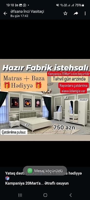 islenmis matras: *Yataq dəsti 750Azn🎁Baza + Matras hədiyyə🎁* *Kampaniya 20Mart'a kimi — 5
