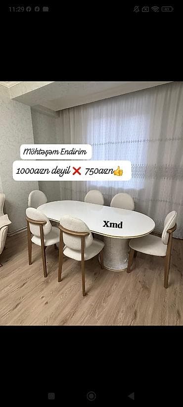islenmis stul: Ağ rəngli oval yemək masası və 6 ədəd stul dəsti. Xüsusiyyətlər: - — 1