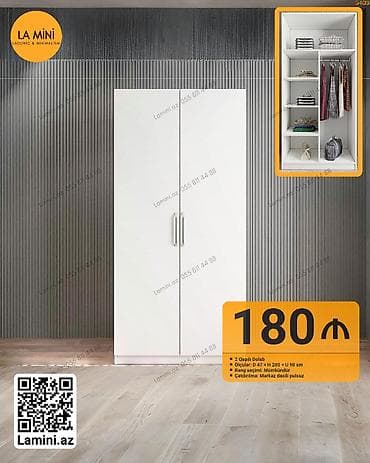 İki qapılı paltar dolabı - Minimalist dizayn, ağ rəng - Daxili — 1