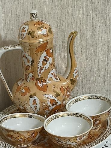 cay: Çay dəsti, rəng - Qızılı, Farfor — 10