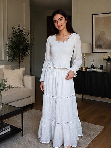 xonca bezemek: Ağ rəngli uzun boho tərzli don - Model: uzun, ətəyi pilləli və — 1