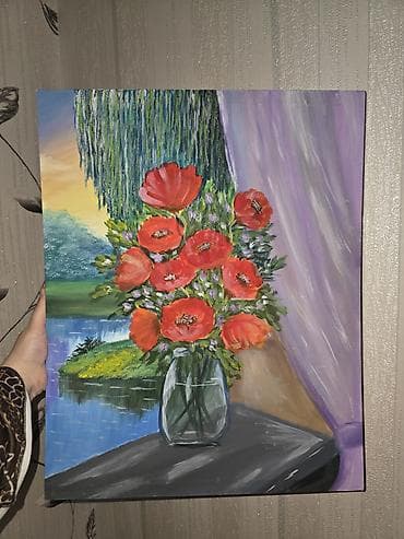 tebii gül sekilleri: Akril tablo – “Gül dəstəsi pəncərə kənarında” - Texnika: akril boya - — 1