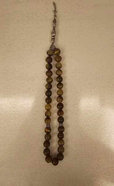 fosfor tesbeh: Təbii daş təsbeh - Material: qəhvəyi-yaşıl tonlarda parlaq, damar — 1