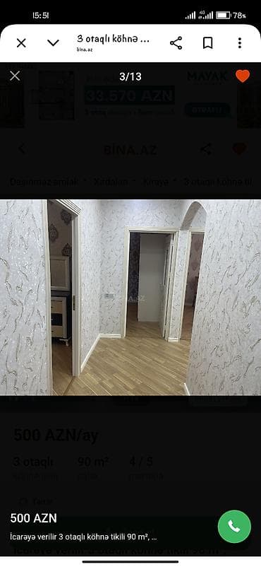 kirayə ev sabuncuda: Kirayə verilir: 3 otaqlı mənzil, 90 m², Xırdalanda, köhnə tikili — 3