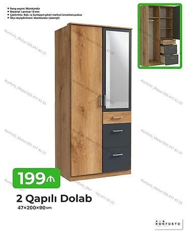 Mebel: 2 qapılı dolab – 47×200×90 sm - Rəng seçimi: mümkündür - Material: 18 — 1