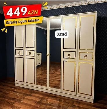 Klassik üslubda böyük qarderob şkafı - Rəng: krem-ağ korpus, qızılı