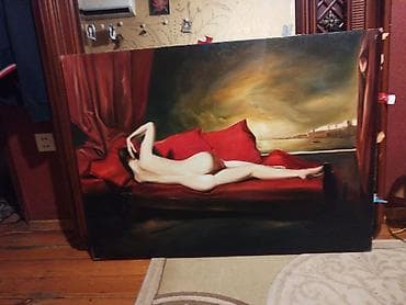 qoz şekli: Yağlı boya tablo – “Qırmızı divanda uzanan fiqur” - Texnika: kətan — 2