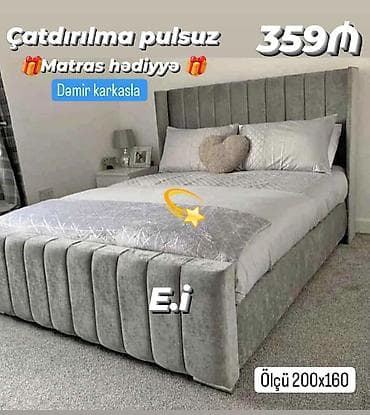 dəmir kravat: Müasir dizaynlı yumşaq parça ilə üzlənmiş iki nəfərlik çarpayı. - — 1