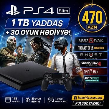 PS4 Slim oyun konsolu - 1 TB yaddaş həcmi - 1 ədəd orijinal DualShock — 1