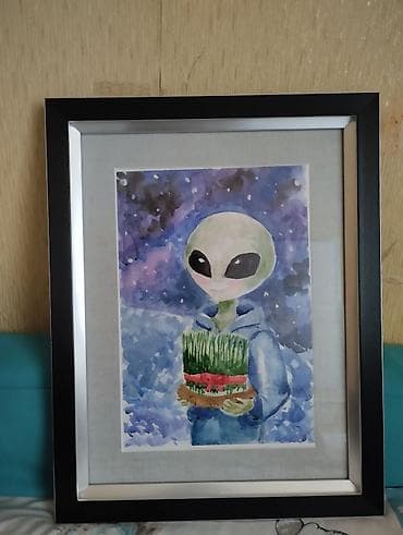 meymun sekili: Akvarel tablo – “Səməni tutan kosmonit”sulu ve akril boya ile islenip — 2