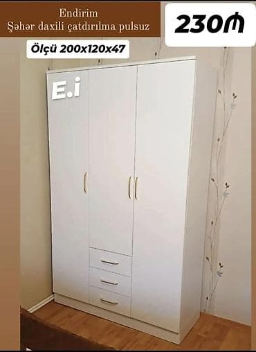 paltar dolab: Ağ rəngli 3 qapılı dolab - Ölçü: 200 x 120 x 47 sm (üzərində — 1