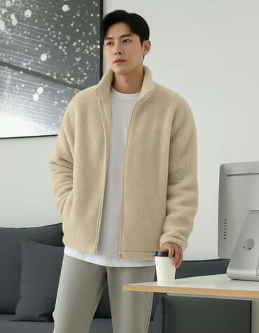 женские кардиганы большого размера: Unisex flis jaket – krem rəngdə, yumşaq və istiliyi yaxşı saxlayan — 2