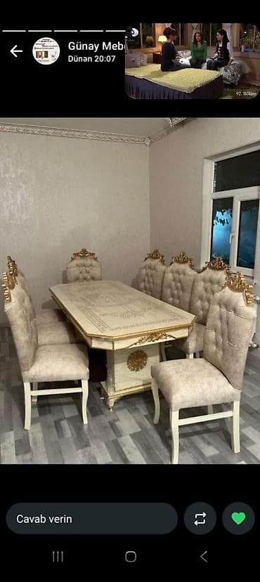Qonaq otağı üçün, Yeni, Açılmayan, Dördbucaq masa, 8 stul