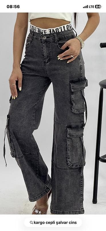 Qadınlar üçün tünd boz rəngdə cargo cins şalvar - Model: geniş kəsim