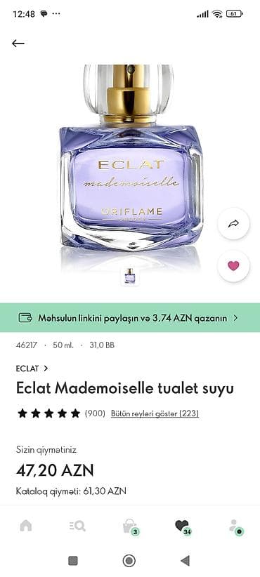 ECLAT Mademoiselle tualet suyu – Oriflame Sweden Həcm: 50 ml Kod