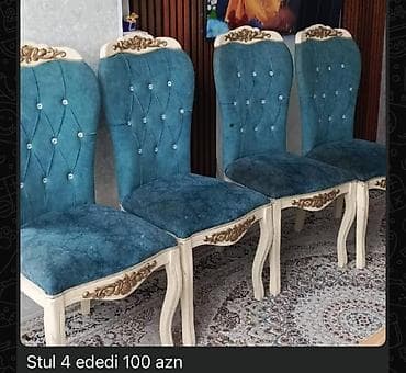 kavralit satilir: 4 eded stul satilir 
Qiymet 100 man 
Unvan:Ehmedli
T 2540 Ira8️⃣9️⃣ — 1