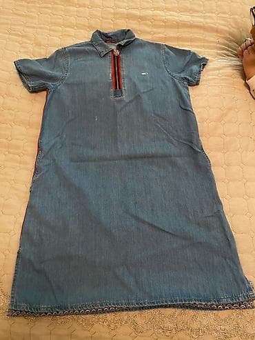 Denim qısaqol paltar - Material: yüngül denim (cotton qarışığı) -