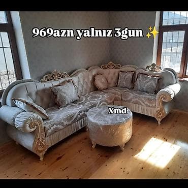 Klassik üslubda L formalı guşə divan dəsti - Rəng: krem-bej