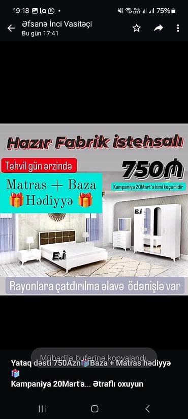 islenmis matras: *Yataq dəsti 750Azn🎁Baza + Matras hədiyyə🎁* *Kampaniya 20Mart'a kimi — 4