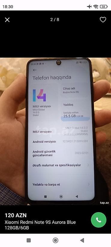 64 gb: Redmi Note 9S, 128 GB, rəng - Yaşıl, Face ID — 3