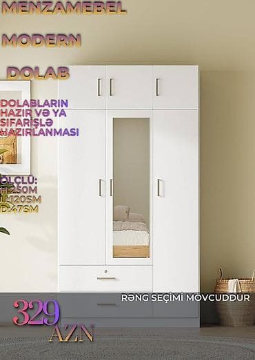Düz dolab, Yataq otağı üçün, Paltar üçün, Açılan, Korpuslu, 3 qapılı