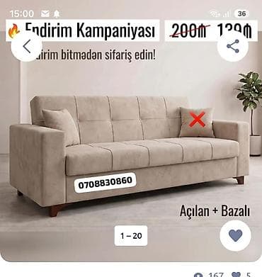 Açılan və bazalı divan - Model: üçnəfərlik, müasir minimal dizayn -