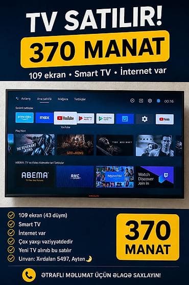 kontakt home planşet ucuz: TV – 109 ekran (43 düym), Smart TV, internet bağlantısı ilə. Android — 1