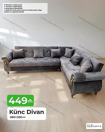 Künc Divan – 280×200 sm - Mexanizm: açılan, bazalı (yataq funksiyalı — 1