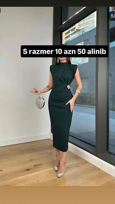 ziyafet donu s: Qadın geyimi – elegant midi don - Rəng: tünd yaşıl - Kəsim: beldən — 1