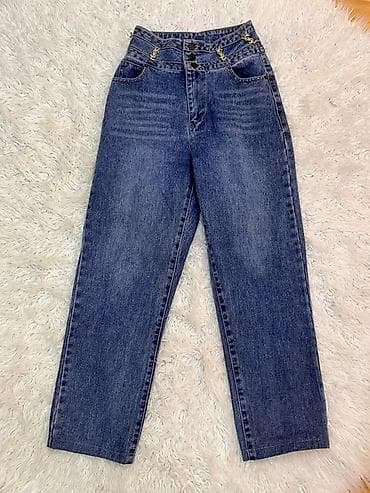 baggy jeans: Yüksək belli qadın cins şalvar - Model: düz kəsim, hündur bel - — 1