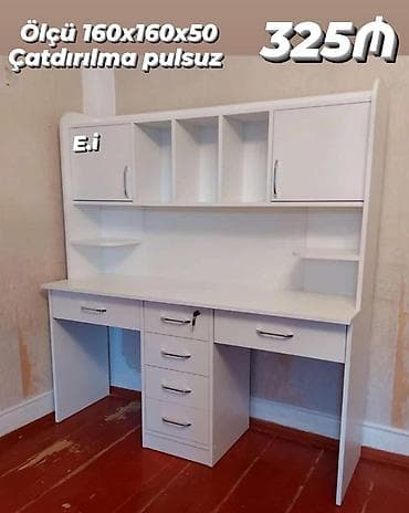 Ağ rəngdə funksional iş/oxu masası və üst dolab bloku. Xüsusiyyətlər