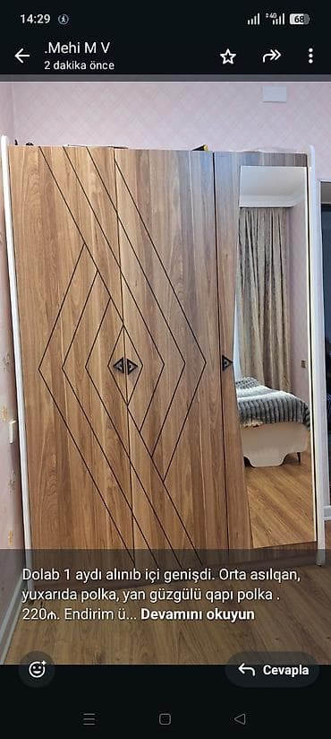 Dolab 1 aydı alınıb içi genişdi. Orta asılqan, yuxarıda polka, yan