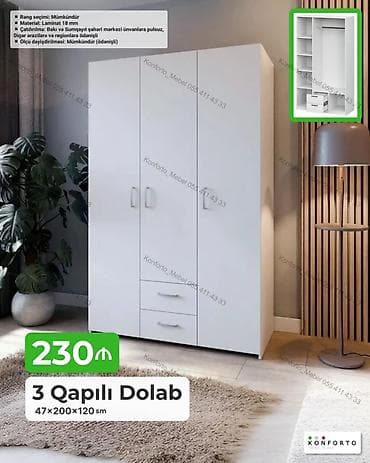 3 qapılı paltar dolabı – 47×200×120 sm - Material: 18 mm laminat - — 1