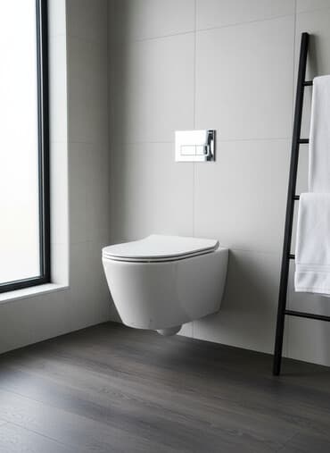 yerdən unitaz: Ağ rəngdə, divara montaj olunan unitaz, müasir hamam otaqları üçün — 1