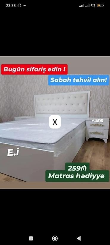 Çarpayılar: Ağ rəngli, yumşaq kapitone başlıqlı iki nəfərlik çarpayı dəsti. Sadə — 1