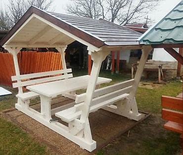 paslanmaz masa: Açıq hava üçün taxta kölgəlikli oturacaq dəsti və pergola — 2