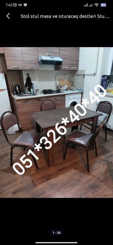 Masa və oturacaq dəstləri: Qonaq otağı üçün, Yeni, Açılan, Dördbucaq masa, 6 stul — 28