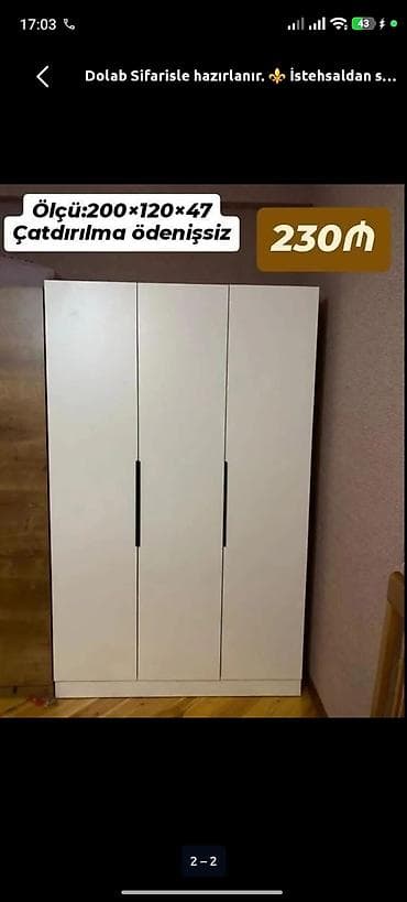 polkalar: Düz dolab, Yataq otağı üçün, Paltar üçün, Açılan, Korpuslu, 3 qapılı — 1