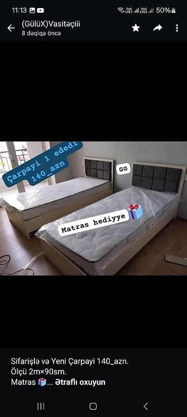 Мебель на заказ: Sifarişlə və Yeni Çarpayi 140_azn. Ölçü 2m×90sm. Matras 🎁 Rəng seçimi — 1