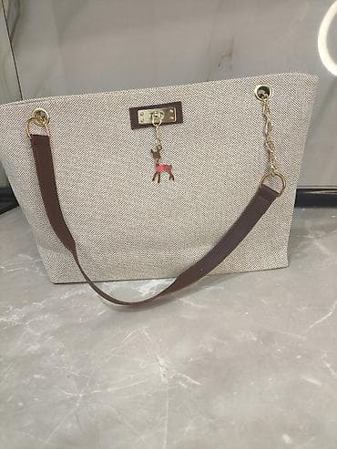 qizillar instagram: Bej rəngli tote çanta - Material: Toxuma fakturalı bej parça, qəhvəyi — 1