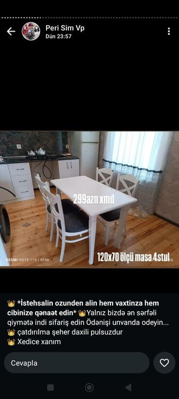 Mətbəx üçün, Yeni, Açılmayan, Dördbucaq masa, 4 stul