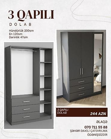 dolab kombi: 3 qapılı, Güzgülü, Boz, Açılan, Düz dolab — 1